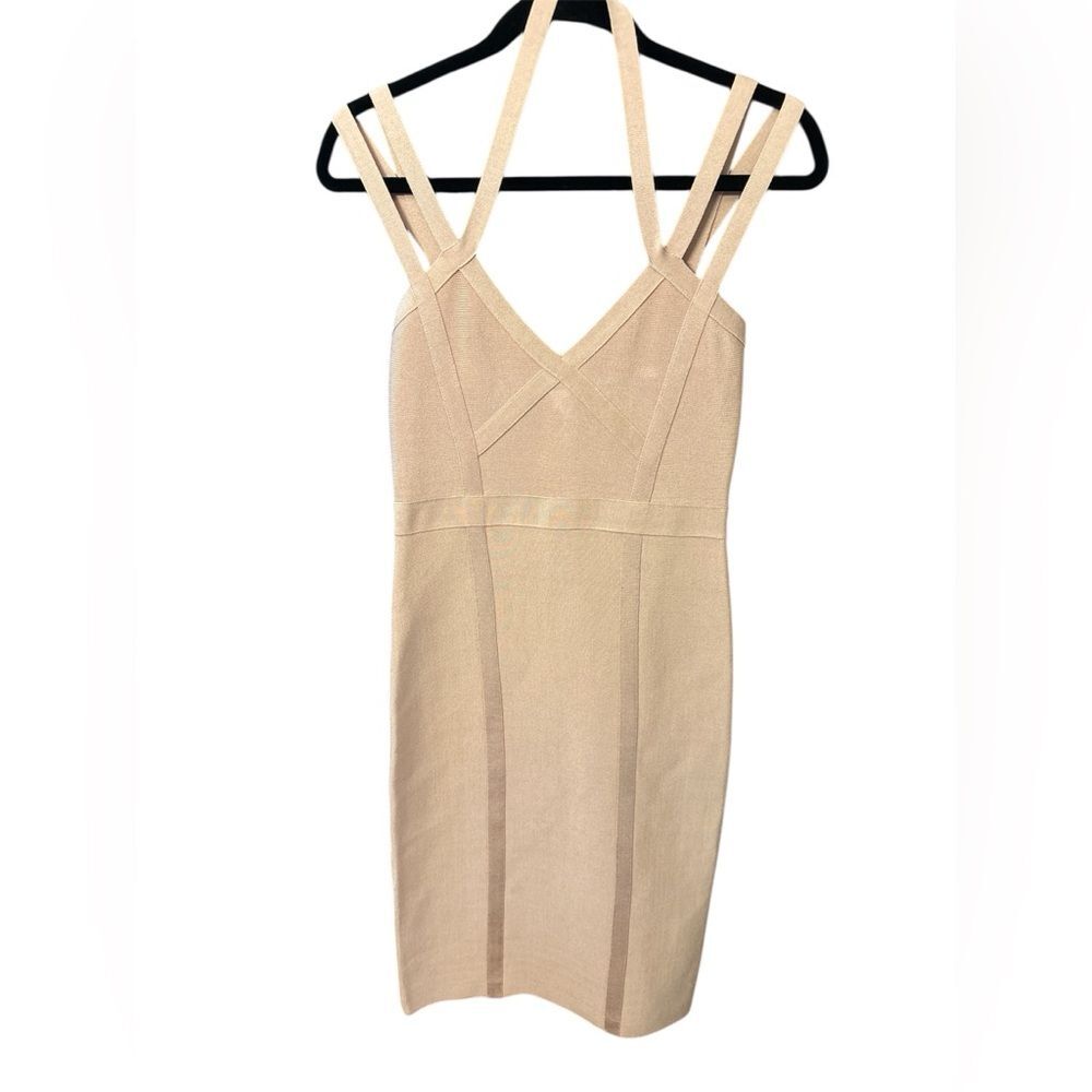Bebe Bodycon bandage halter Strap Midi dress Nude med Sculpting 90s balletcore